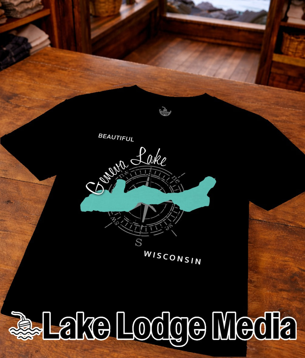 Black t-shirt with "Beautiful Geneva Lake Wisconsin" and compass graphic.