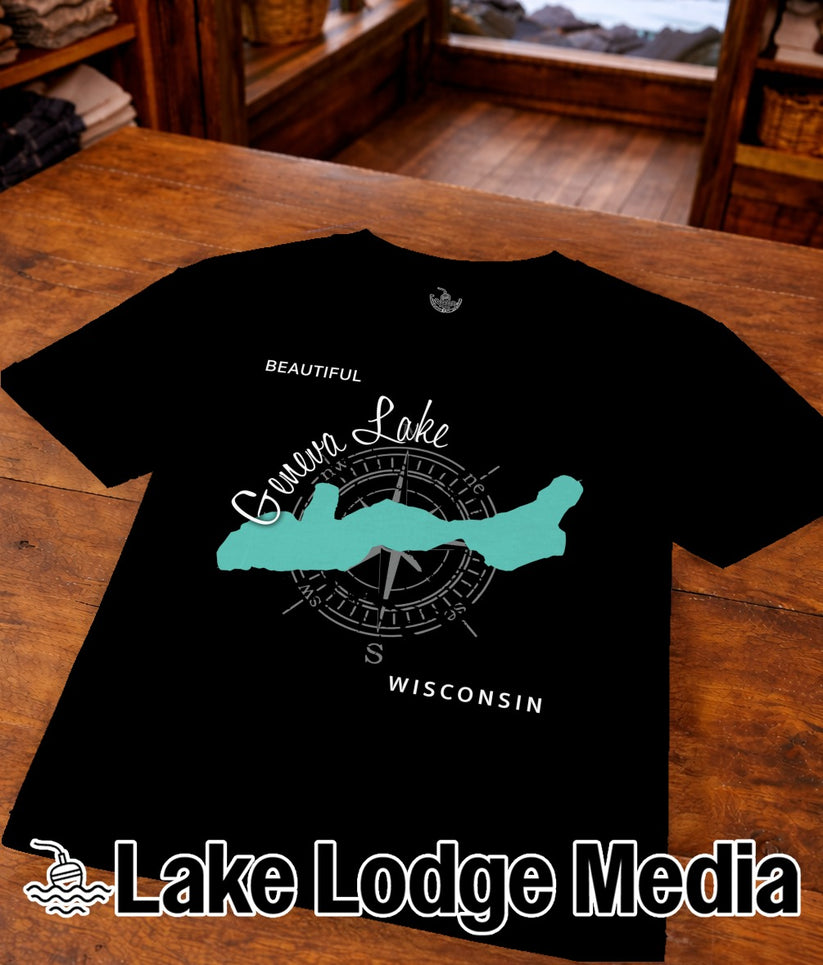 Black t-shirt with "Beautiful Geneva Lake Wisconsin" and compass graphic.