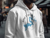 White hoodie on a man with Pine Flat Lake map and compass graphic.