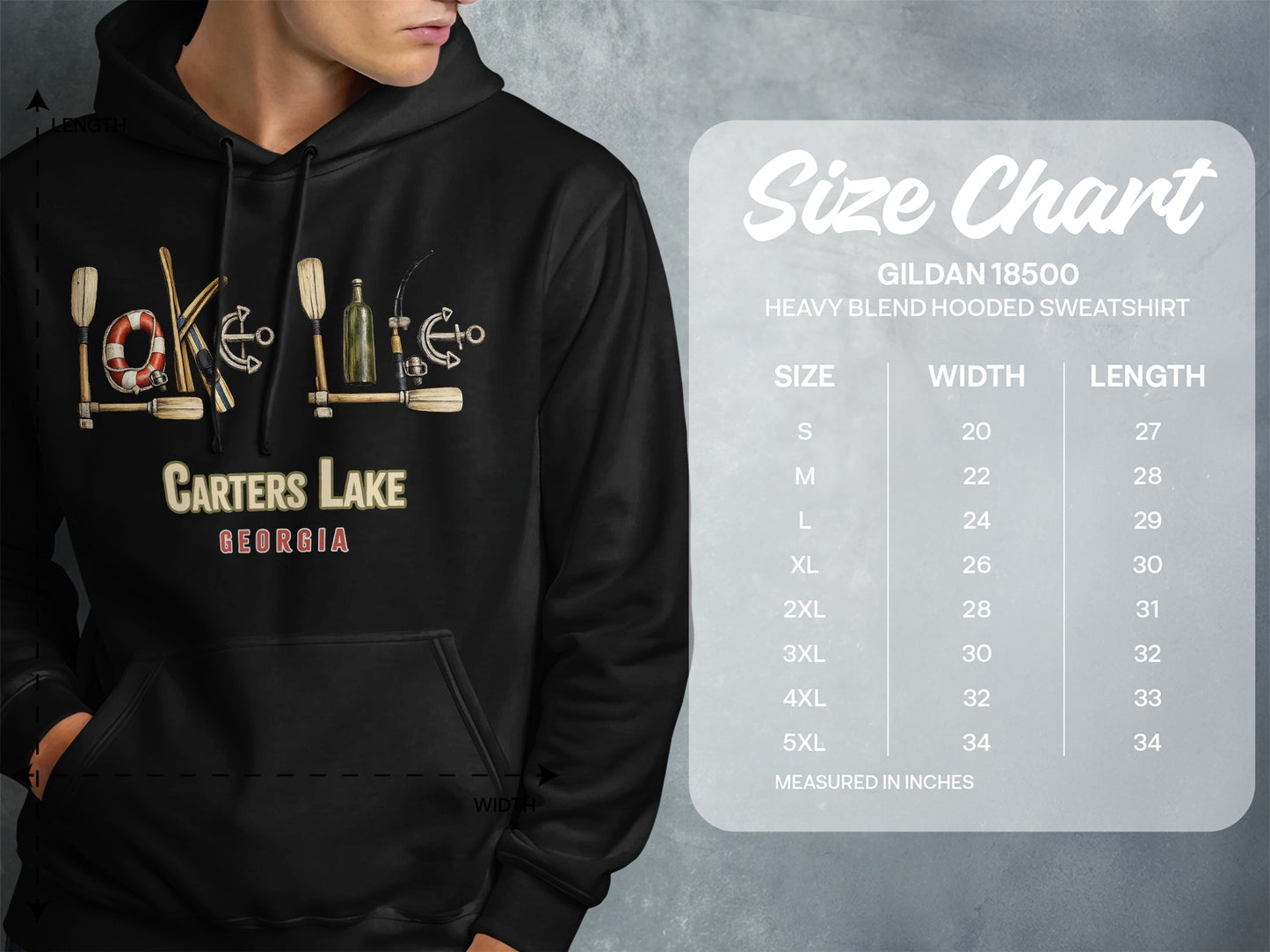 Carters Lake Georgia graphic on hoodie with Gildan 18500 size chart.