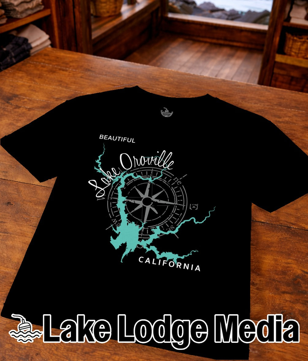 Black t-shirt with "Lake Oroville California" design and compass rose.