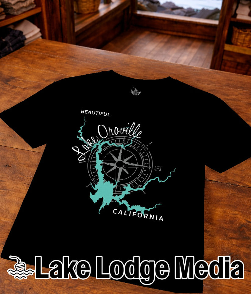 Black t-shirt with "Lake Oroville California" design and compass rose.