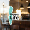 Honeoye Life sticker on glass, featuring a teal lake outline and black text.