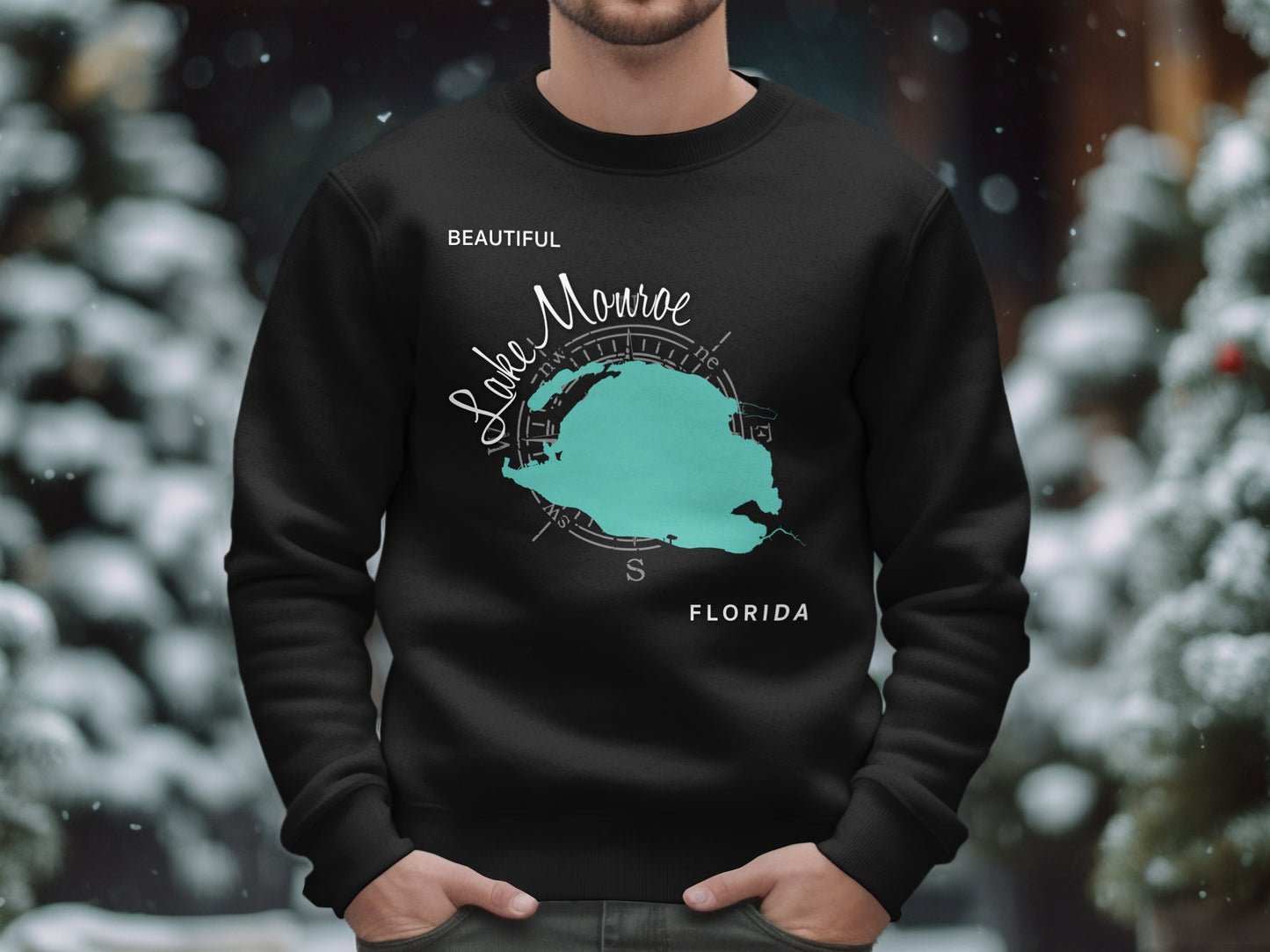 Black sweatshirt with a teal map outline of Lake Monroe, Florida.