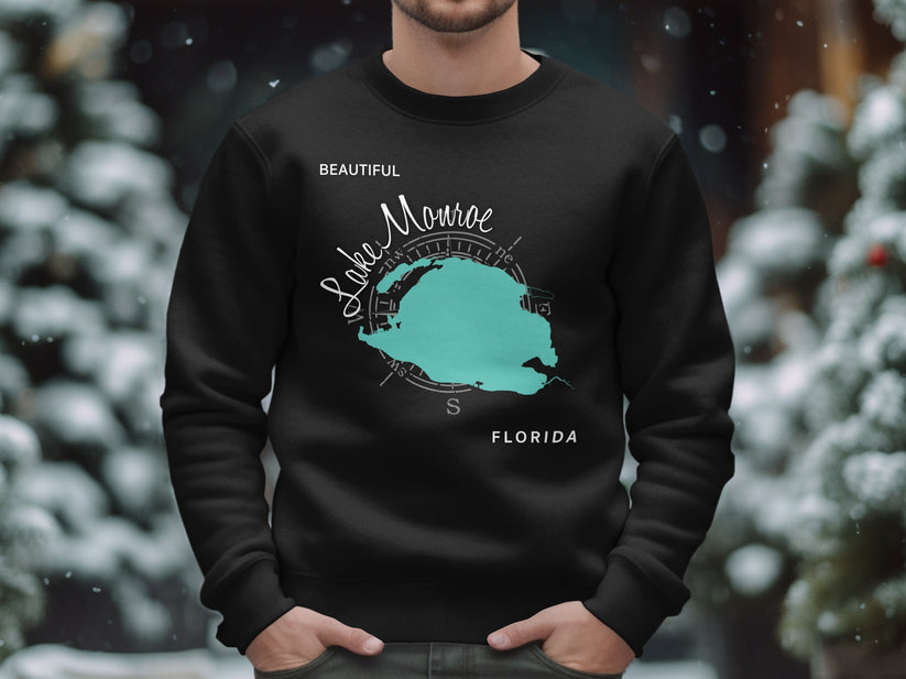 Black sweatshirt with a teal map outline of Lake Monroe, Florida.