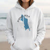 White hoodie with Jordan Pond Maine map and compass graphic.