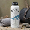 White water bottle with black lid featuring "WISCONSIN" and a compass rose with a blue map outline.