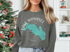 Grey sweatshirt with Lake Wawasee Indiana map graphic and compass design.