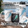 White mug, black tumbler, and white water bottle with Lake Las Vegas map graphic.