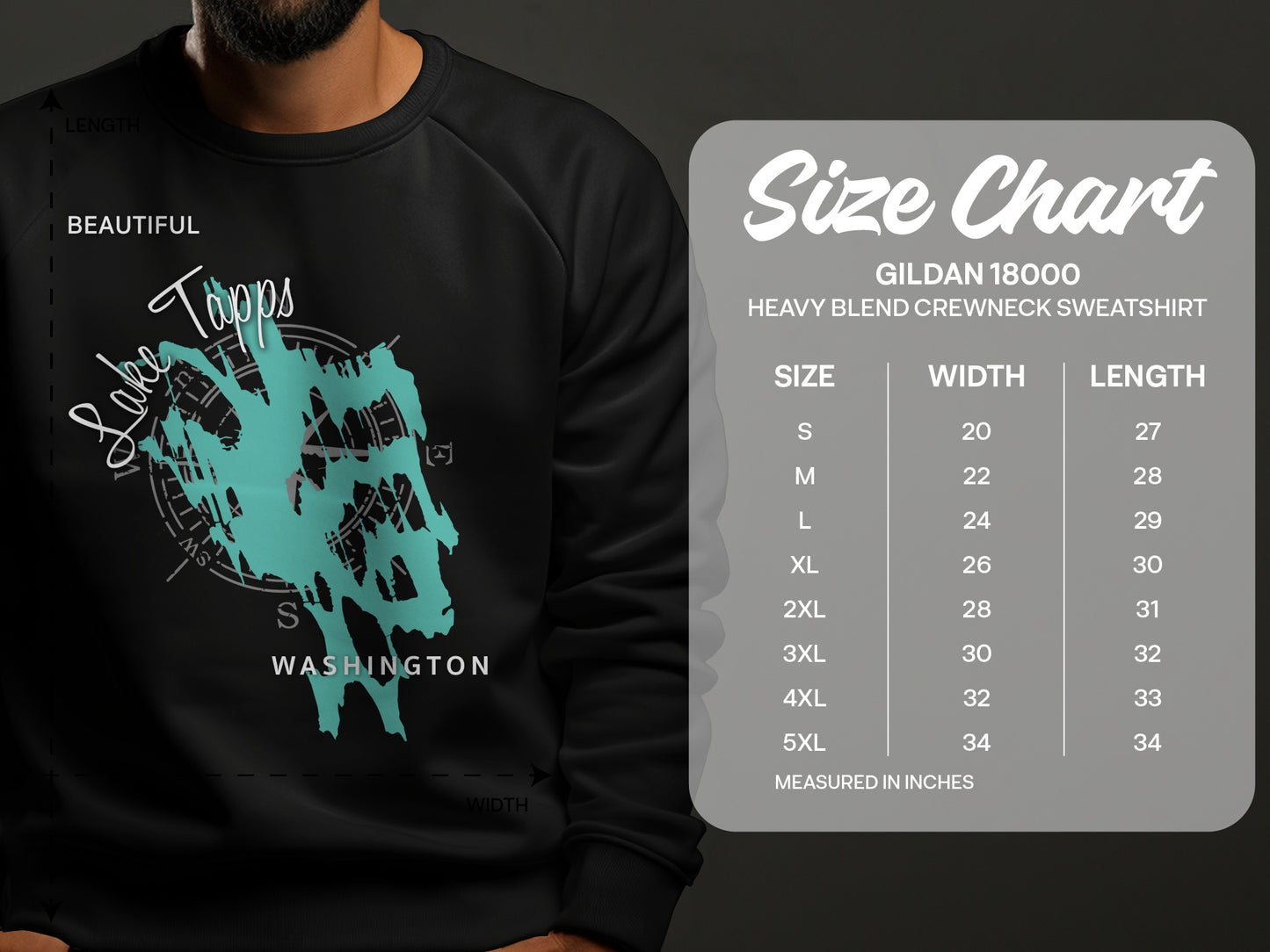 Sweatshirt size chart showing dimensions for Gildan 18000 crewneck.