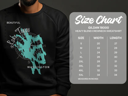 Sweatshirt size chart showing dimensions for Gildan 18000 crewneck.
