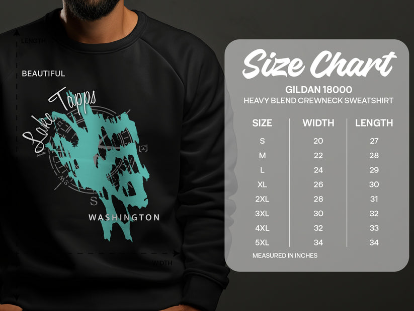 Sweatshirt size chart showing dimensions for Gildan 18000 crewneck.