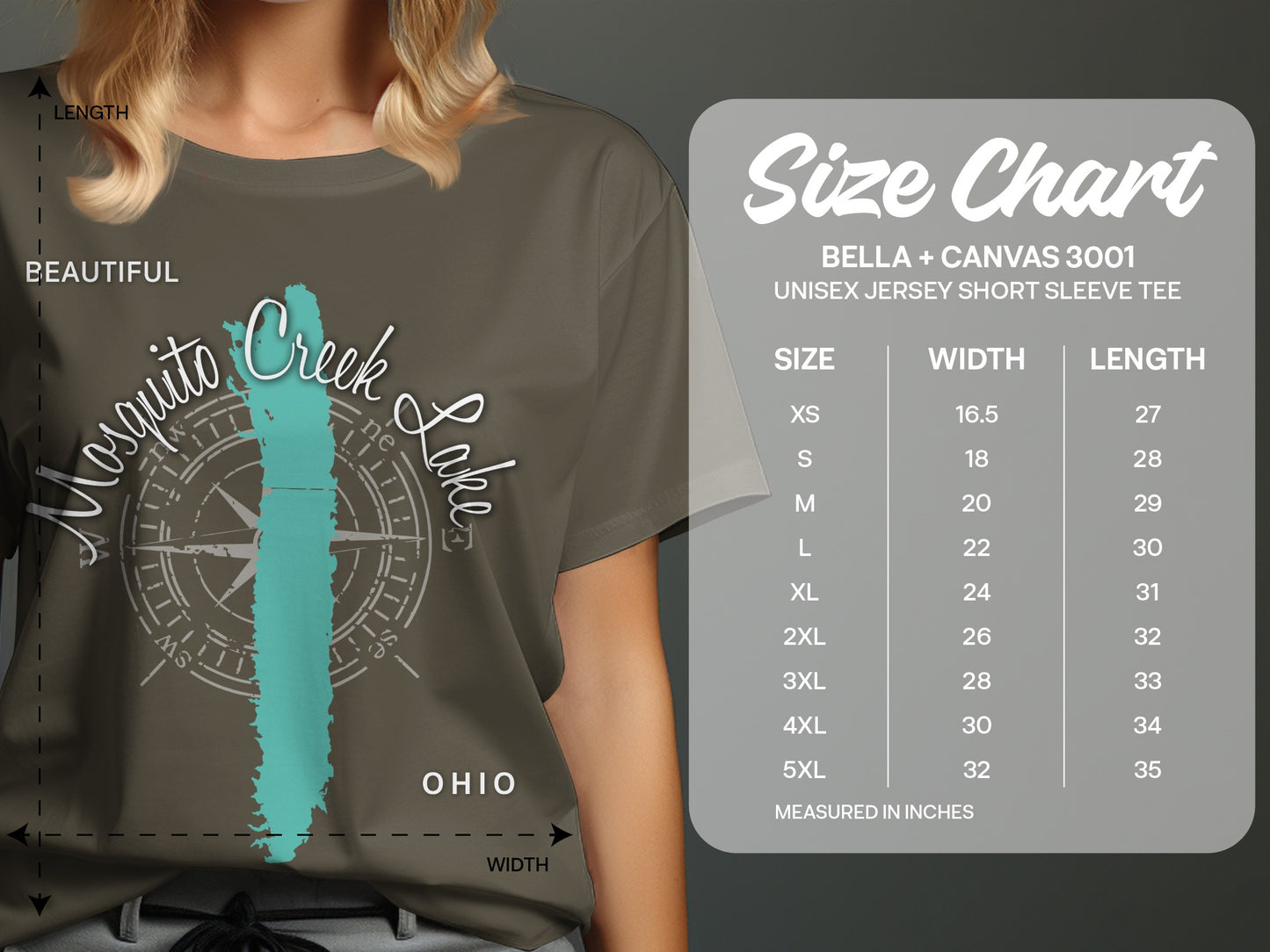 T-shirt size chart for Bella + Canvas 3001 with graphic of Mosquito Creek Lake.