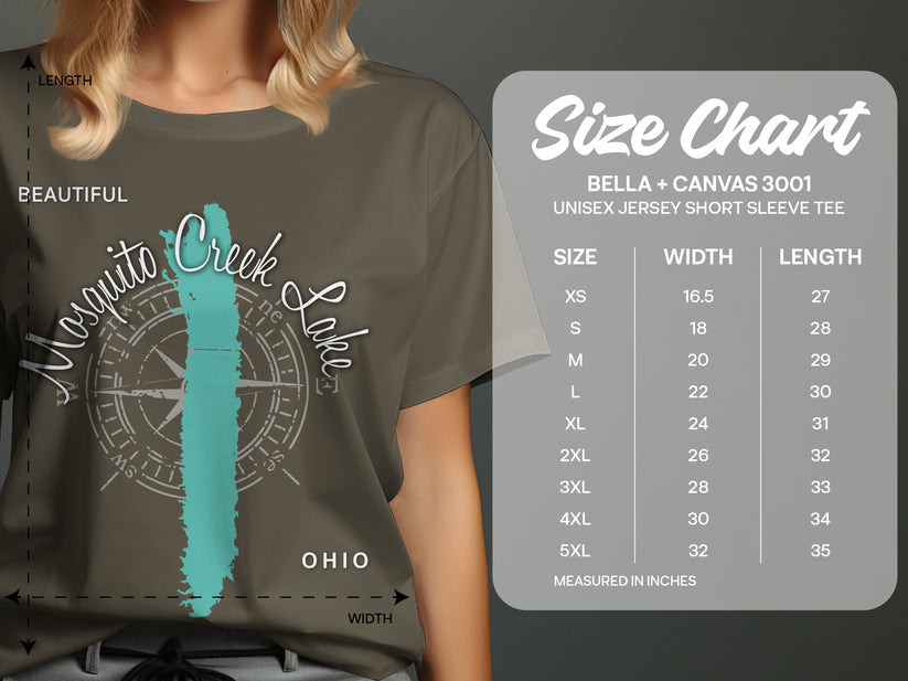 T-shirt size chart for Bella + Canvas 3001 with graphic of Mosquito Creek Lake.