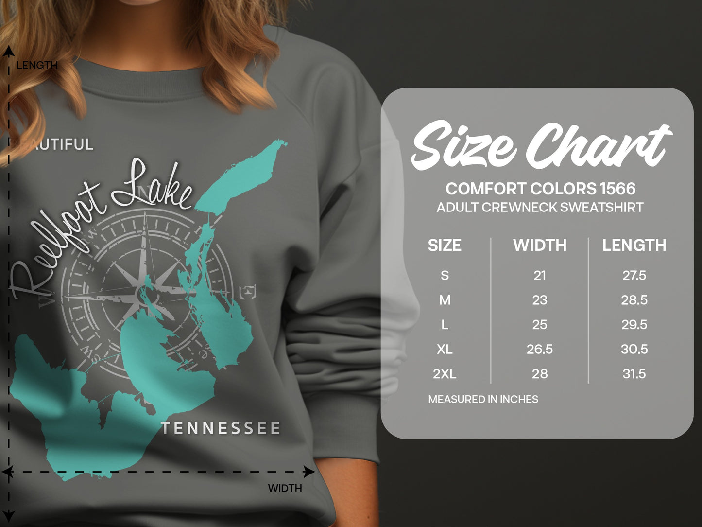 Reelfoot Lake Tennessee sweatshirt with size chart.