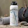 White water bottle with "Barkley" text and lake map design.