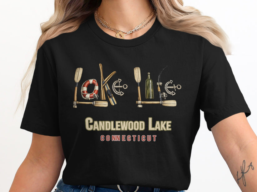 Black t-shirt with "Lake Candlewood Connecticut" and nautical graphics.