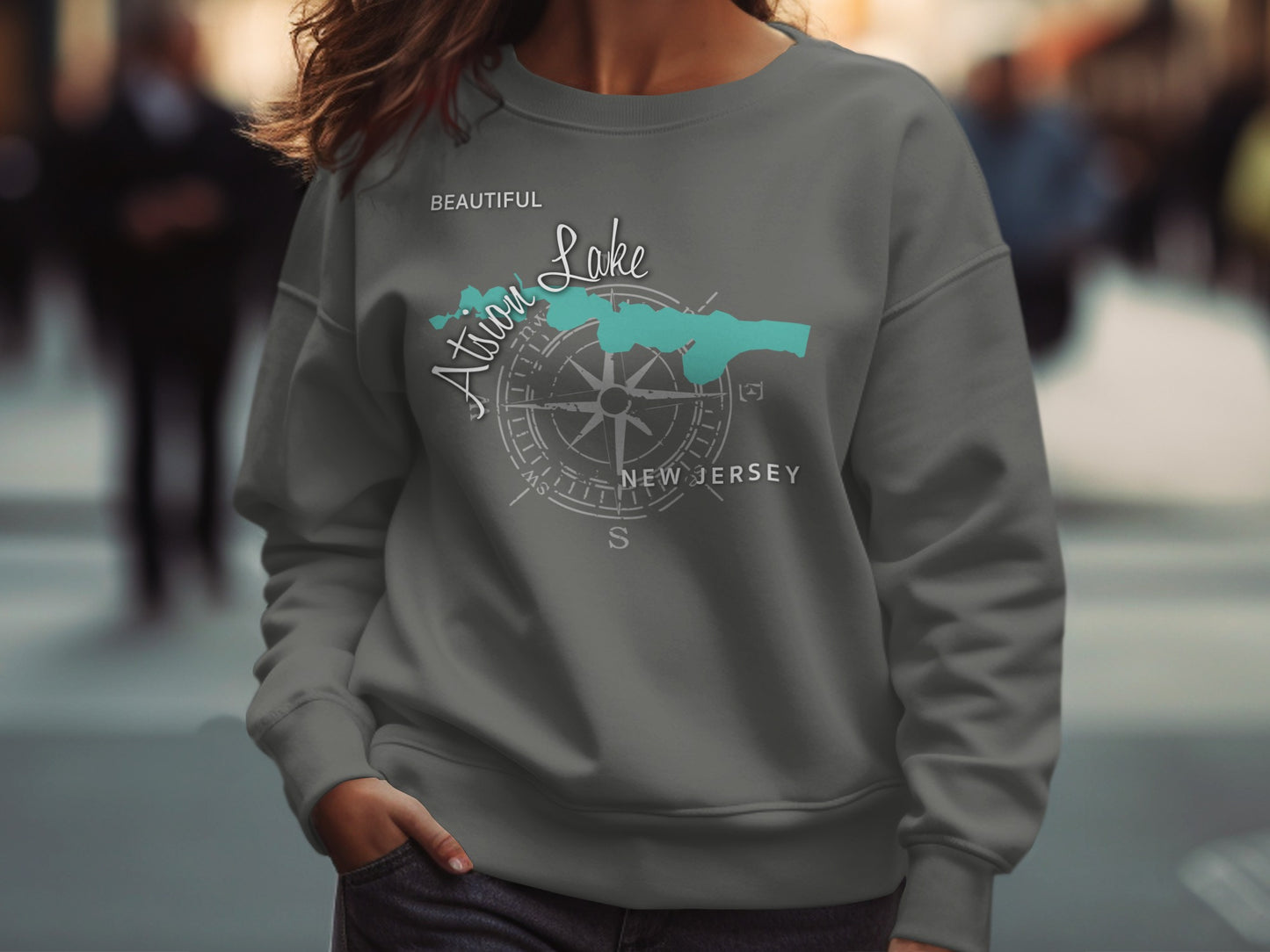 Gray sweatshirt with "Ation Lake New Jersey" text and compass rose graphic.