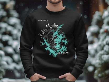 Black sweatshirt with Lake Martin Alabama map and compass design.
