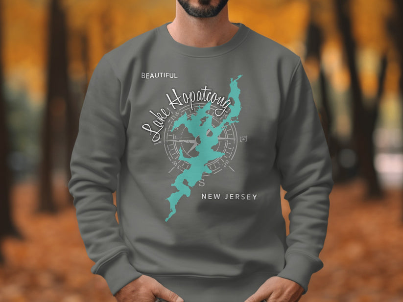Dark grey sweatshirt with Lake Hopatcong, New Jersey map graphic.