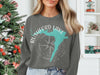Gray sweatshirt with Rushford Lake New York graphic and compass design.