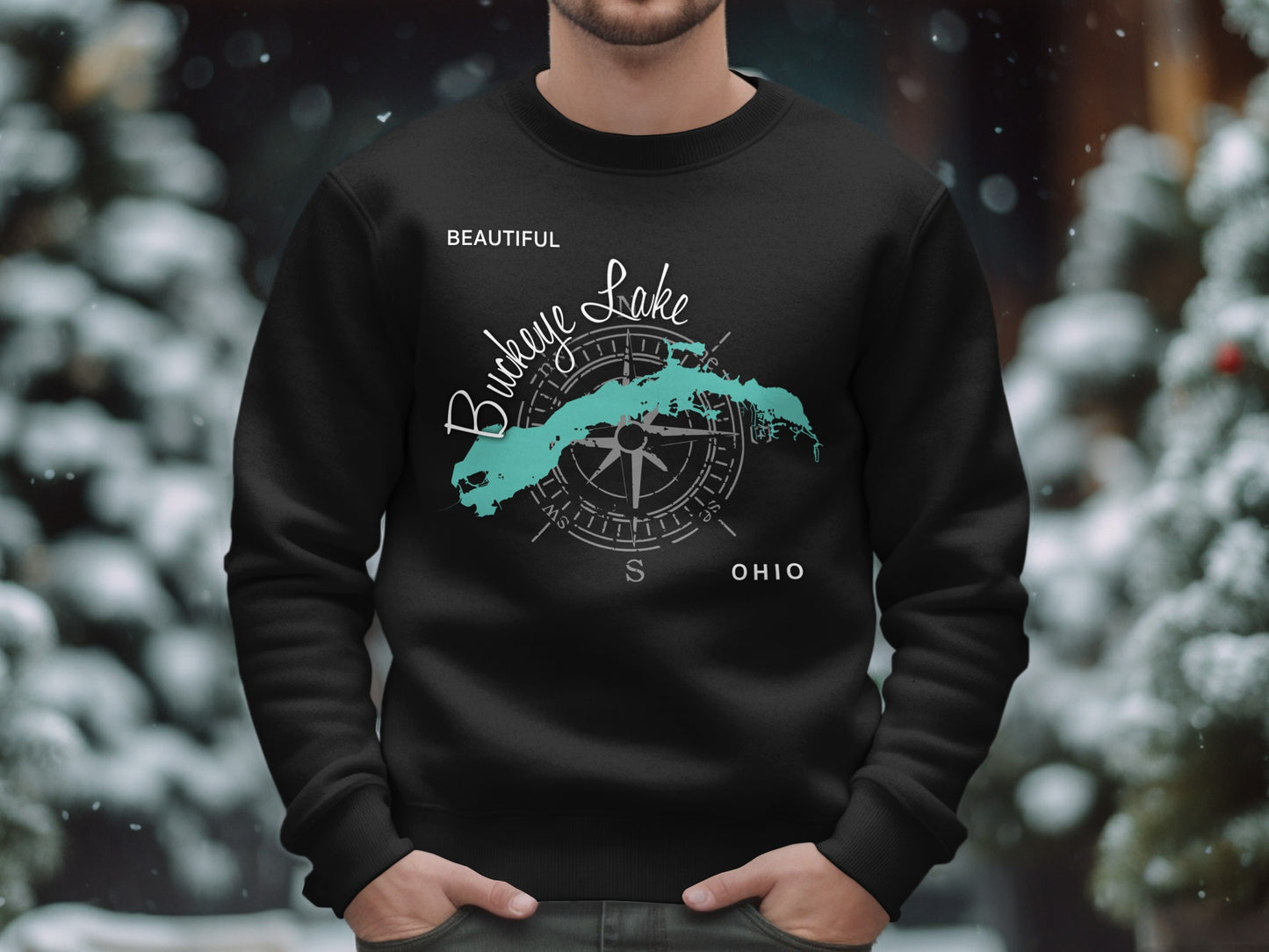 Black sweatshirt with "Beautiful Buckeye Lake Ohio" and compass design.