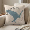 Light tan pillow with blue map of California and text "Lake Siskiyou California."