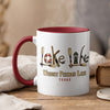 White mug with red interior and handle, featuring "Lake Life" design and "Wright Patman Lake Texas".