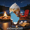 Glass of iced coffee with whipped cream, Sipee Lake map, marshmallows, graham crackers.