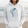 White hoodie with Lake Jacomo Missouri map and compass graphic.