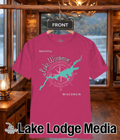 Pink t-shirt with "Lake Wisconsin" graphic and compass rose, "Wisconsin" text below.