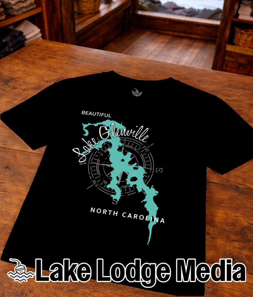 Black t-shirt with "Beautiful Lake Glenville North Carolina" map graphic.