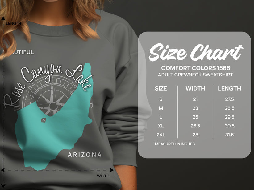 Size chart for Comfort Colors 1566 sweatshirt, listing sizes S-2XL with width and length measurements.