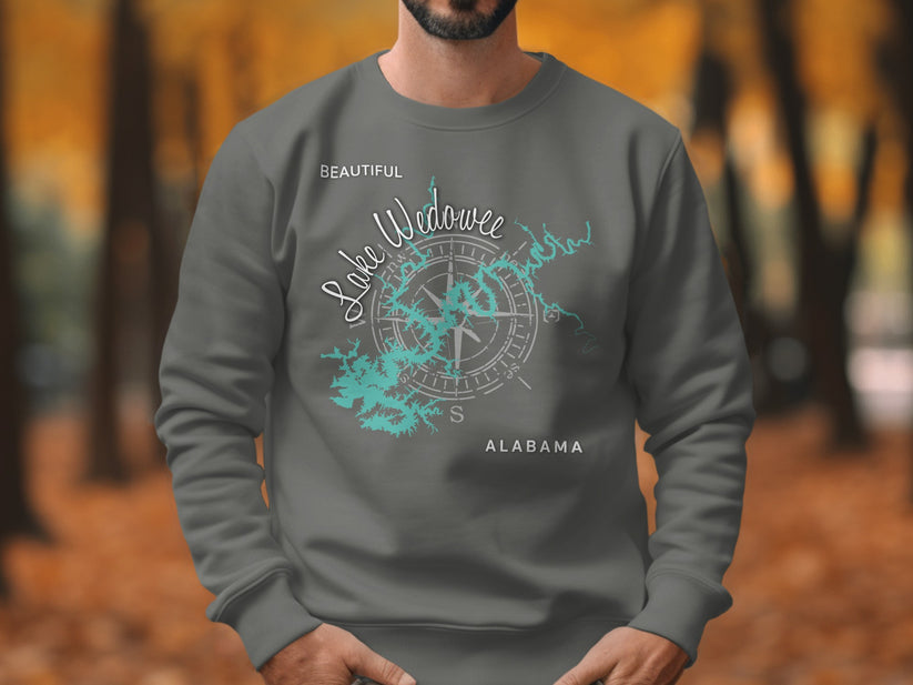 Sweatshirt with Lake Wedowee map and compass design, "Beautiful Alabama".