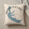 Pillow with Arkabutla Lake Mississippi map graphic and compass rose.