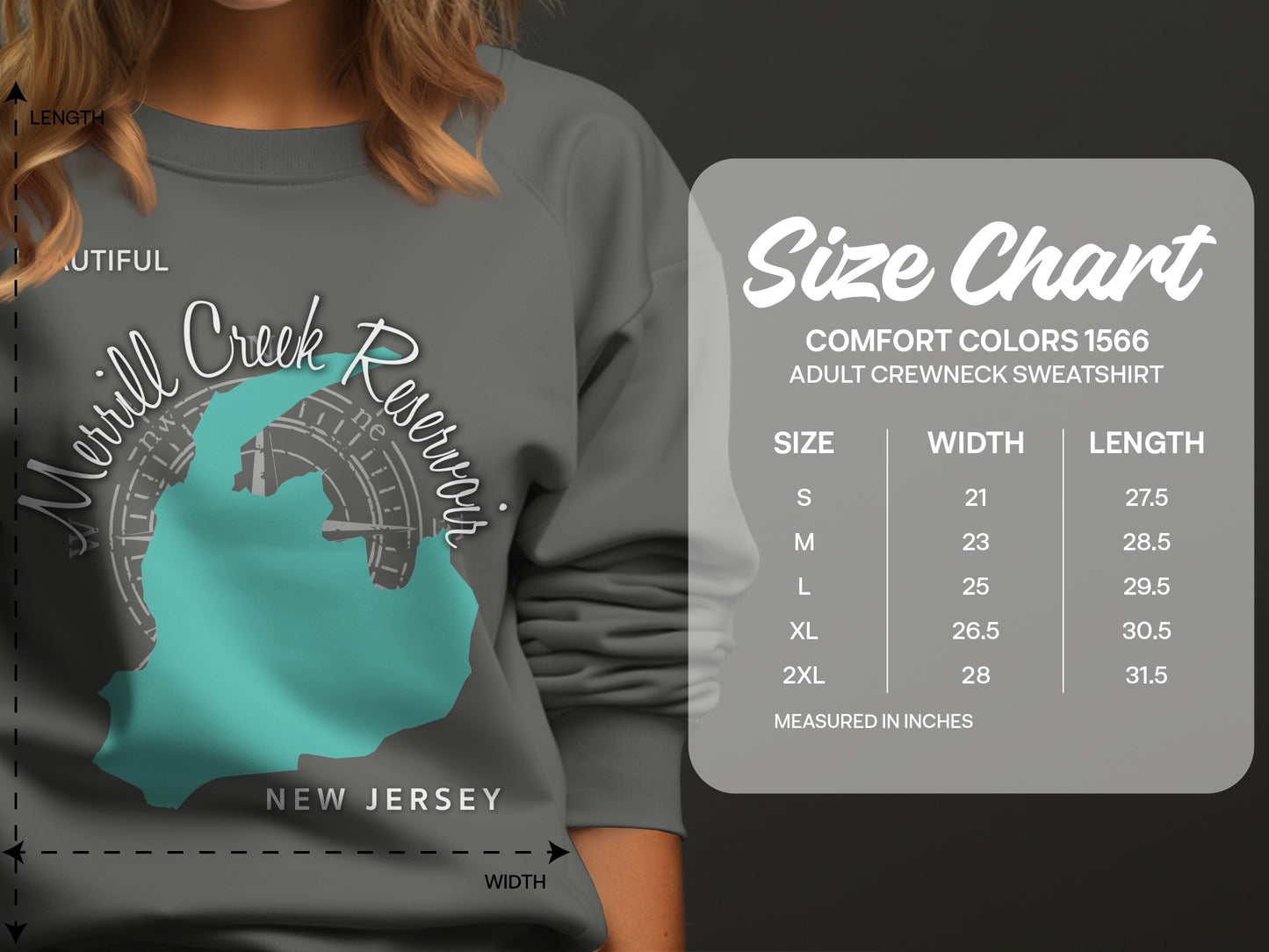 Merrill Creek Reservoir New Jersey outline on sweatshirt with size chart.
