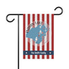 Garden flag with red and white stripes, Indian Lake map, and "The Smith Family" text.