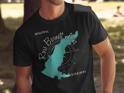 Black t-shirt with teal Mississippi map and "Ross Barnett Lake" text.