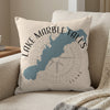 Pillow with blue Lake Marble Falls map, compass, and "TEXAS" text.