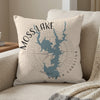 Pillow with Moss Lake North Carolina map and compass rose design.