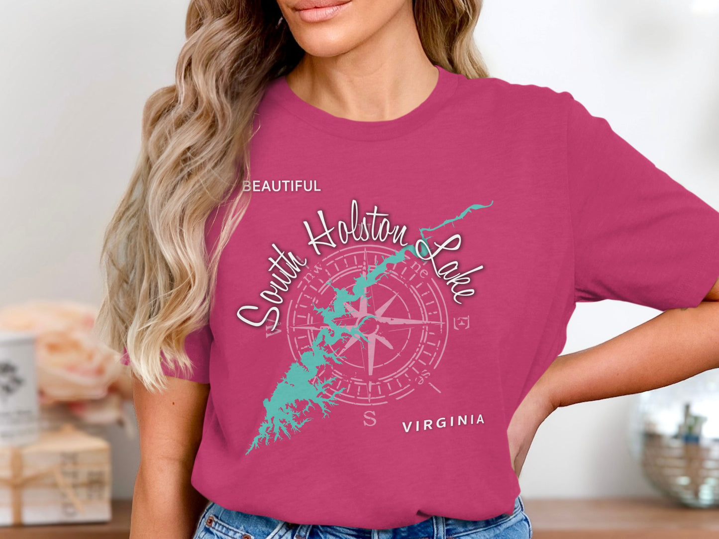 Pink t-shirt with "South Holston Lake, Beautiful, Virginia" and compass graphic.