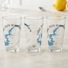 Three glasses feature a blue map of Lake Cecil M Harden and a compass rose.