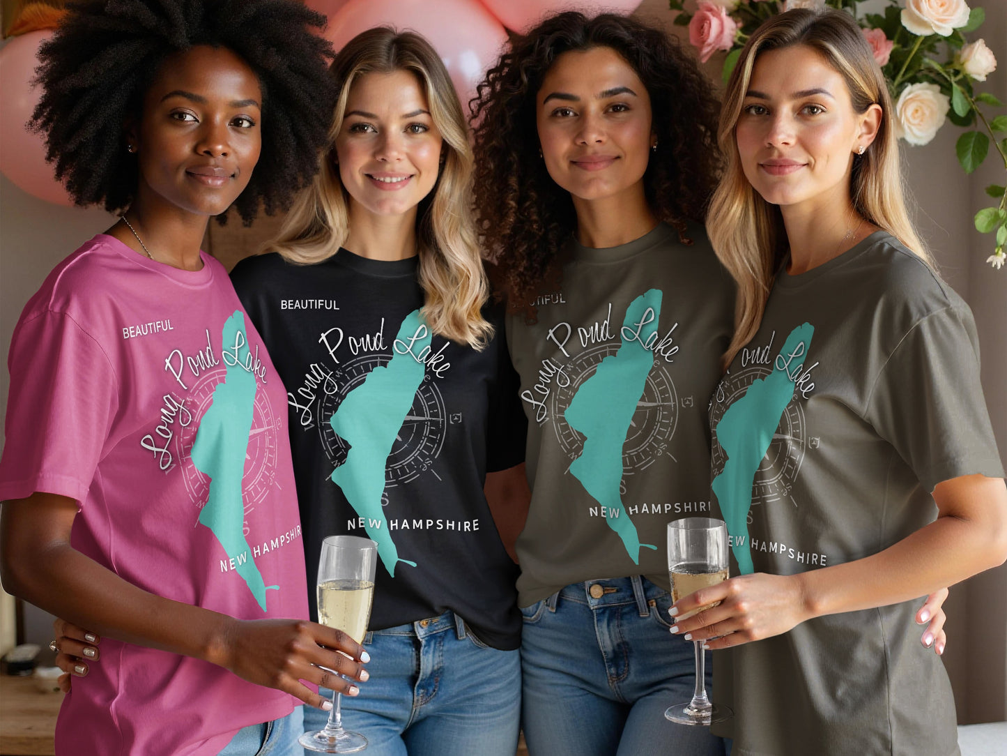 Four women in t-shirts with Long Pond Lake and New Hampshire design.