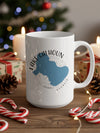 White mug with blue Lake Calhoun, Georgia map design and compass rose graphic.