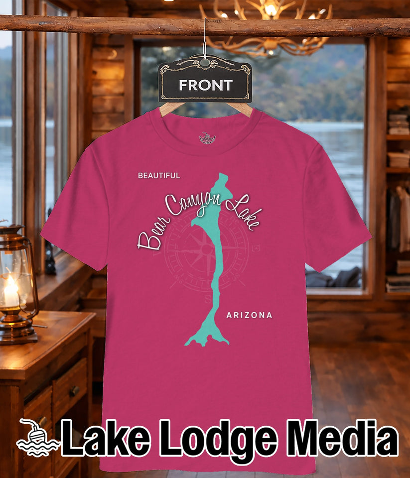 Pink t-shirt with "Bear Canyon Lake" and compass graphic.