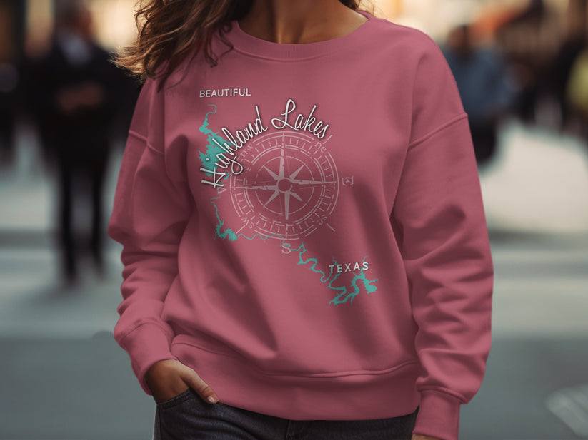 Pink sweatshirt with "Highland Lakes Texas" and compass rose graphic.