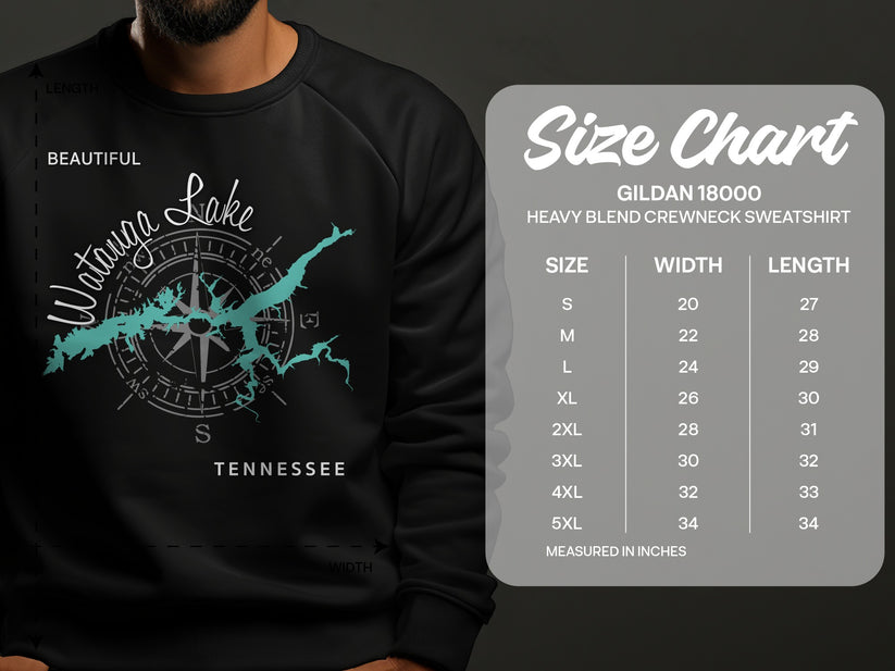 Watauga Lake Tennessee graphic on crewneck sweatshirt, with size chart.