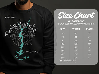 Gildan 18000 sweatshirt size chart with Flaming Gorge Lake Wyoming graphic.