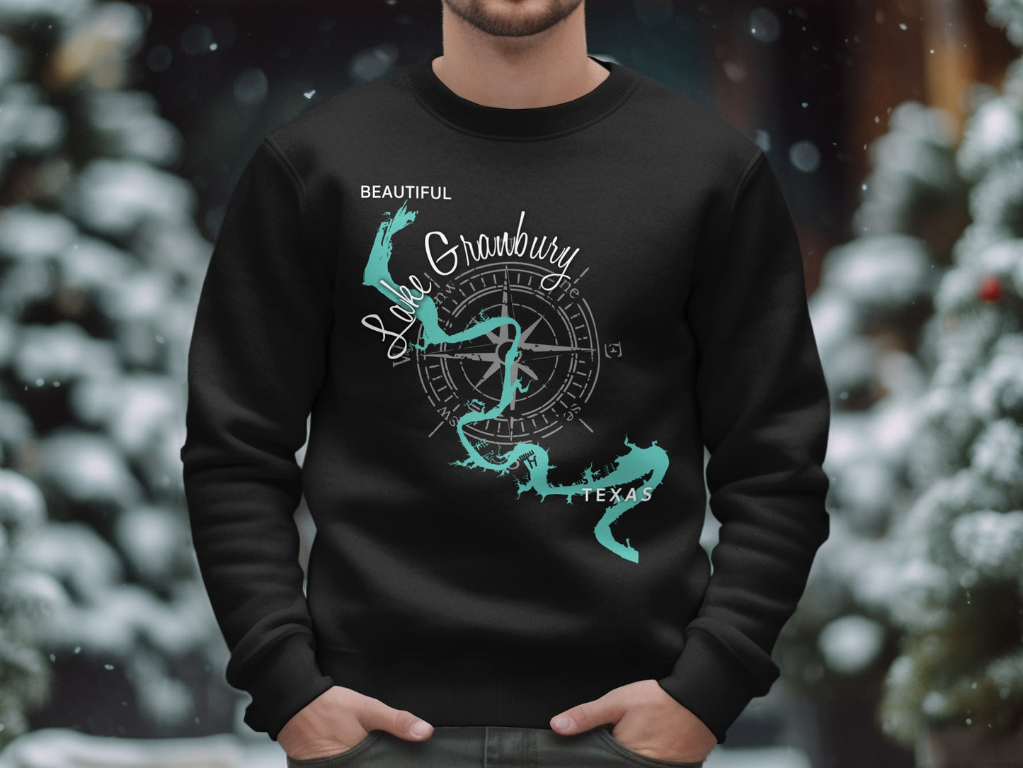 Black sweatshirt with Lake Granbury Texas map and compass design.