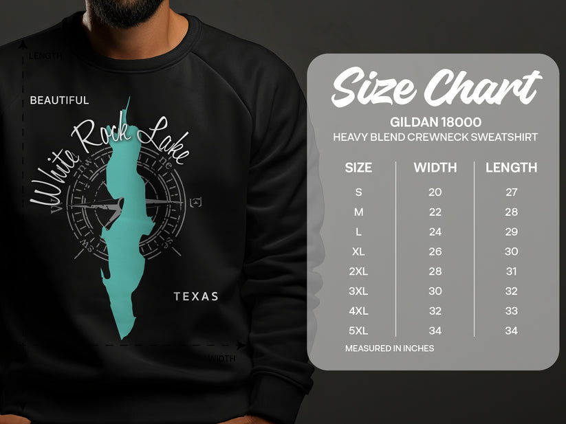 White Rock Lake graphic on black sweatshirt beside size chart.